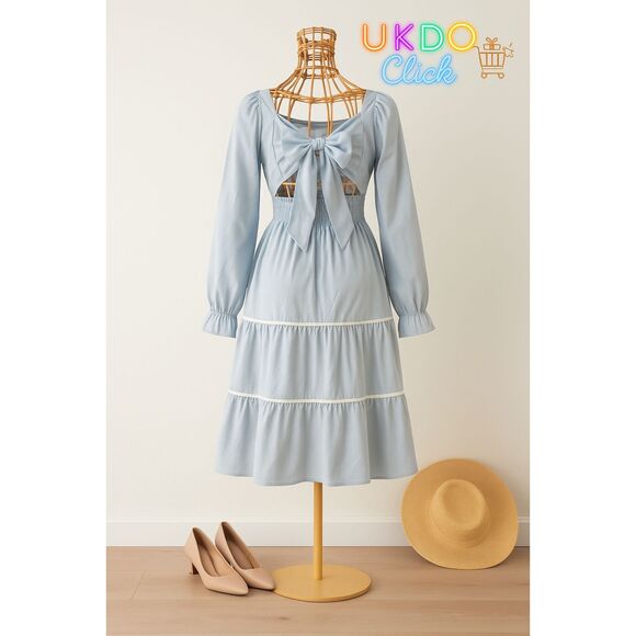 Light Blue Long Sleeve Dress 12T Tiered Ruffle Detail Square Neck Elegant Style - Picture 2 of 14